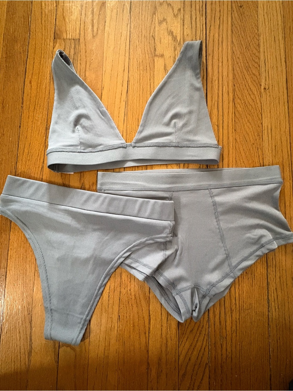 Ribbed Light Gray Bralette & Brief Trio - Women's Intimates